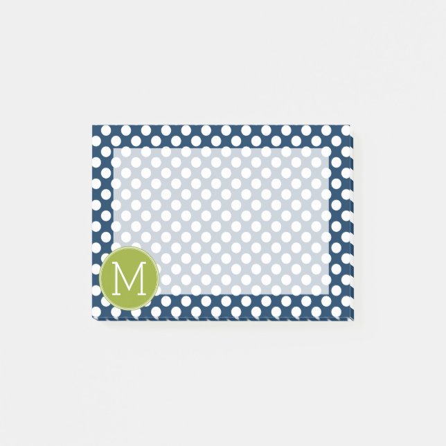 Navy Blue & Lime Green Polka Dots Custom Monogram Post-it Notes (Front)