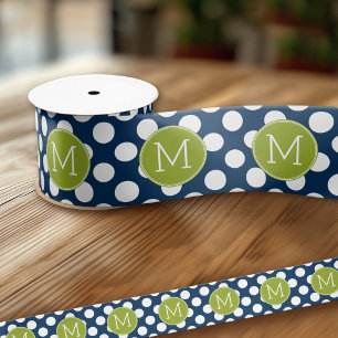 Navy Blue & Lime Green Polka Dots Custom Monogram Satin Ribbon