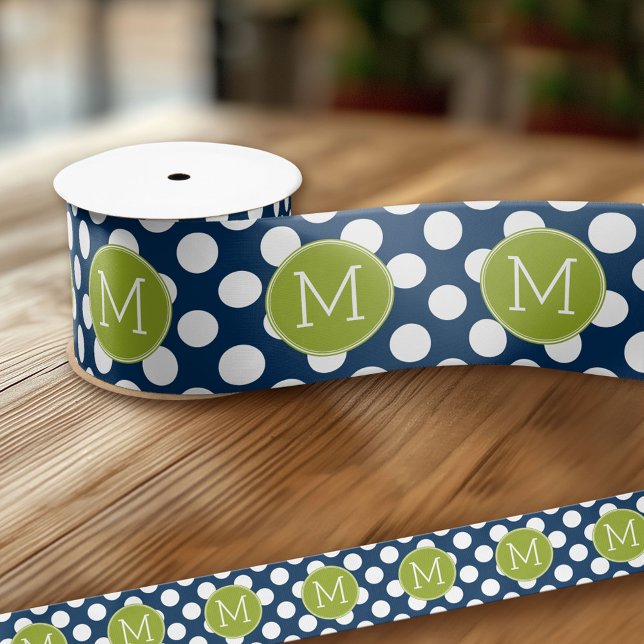 Navy Blue & Lime Green Polka Dots Custom Monogram Satin Ribbon (Custom Ribbon - Add Your Own Text)