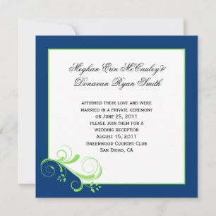 Navy Blue Lime Green Swirls Post Wedding Invitation