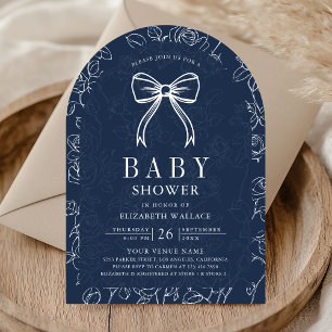 Navy Blue Line Art Coquette Bow Baby Shower Invitation