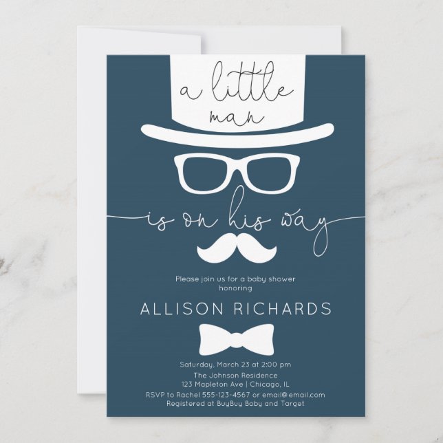 Navy blue little man boy baby shower invitation (Front)