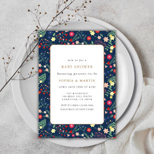 Navy Blue Little Wildflower Frame Baby Shower Invitation