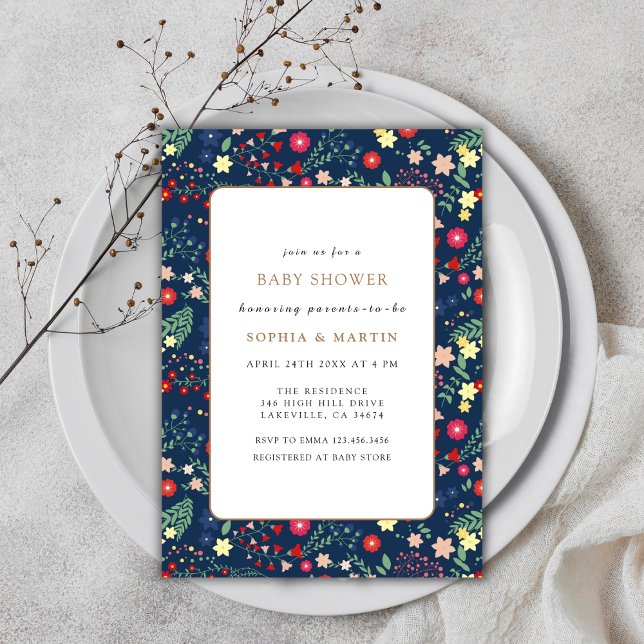 Navy Blue Little Wildflower Frame Baby Shower Invitation (Navy Blue Little Wildflower Frame Baby Shower Invitation)