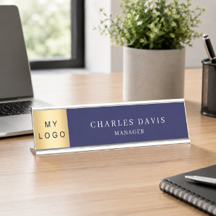 Navy blue logo office desk name plate