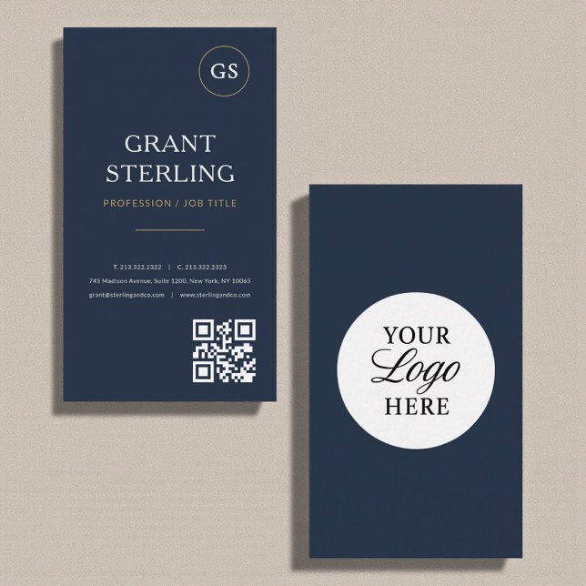 Navy Blue Logo QR Code Modern Professional Business Card (Creator Uploaded)
