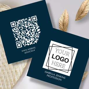 Navy Blue Logo QR Code Square Business Card