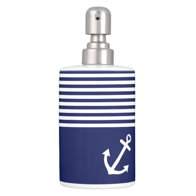 Navy Blue Love Anchor Nautical Soap Dispenser And Toothbrush Holder (Front)