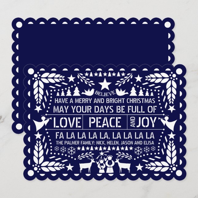Navy blue Love Peace Joy papel picado Christmas Holiday Card (Front/Back)