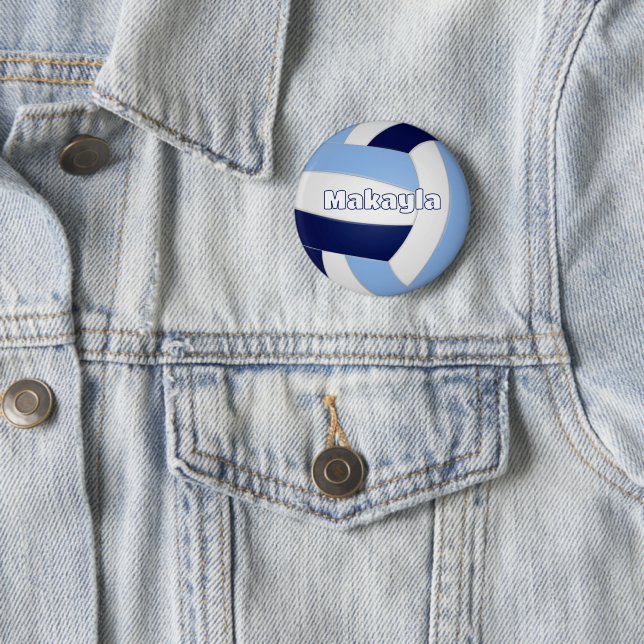 navy blue lt blue volleyball kids birthday party 6 cm round badge (In Situ)