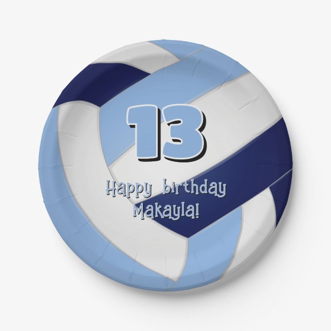 navy blue lt blue volleyball kids birthday party paper plate (Front)