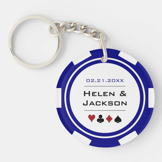 Navy Blue Lucky In Love Poker Chip Casino Wedding Key Ring (Front)