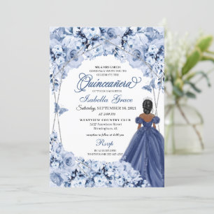 Navy Blue Lush Roses Princess Quinceañera Invitation
