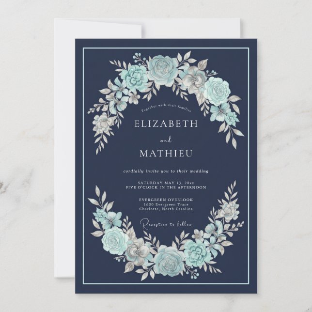 Navy Blue Lush Succulent Wedding Invitation (Front)