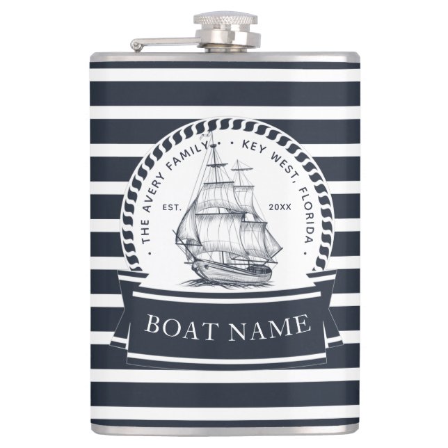 Navy Blue Luxury Boat Family Name Hip Flask (Front)