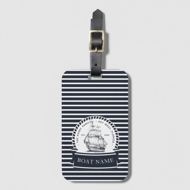 Navy Blue Luxury Boat Family Name Luggage Tag (Front Vertical)