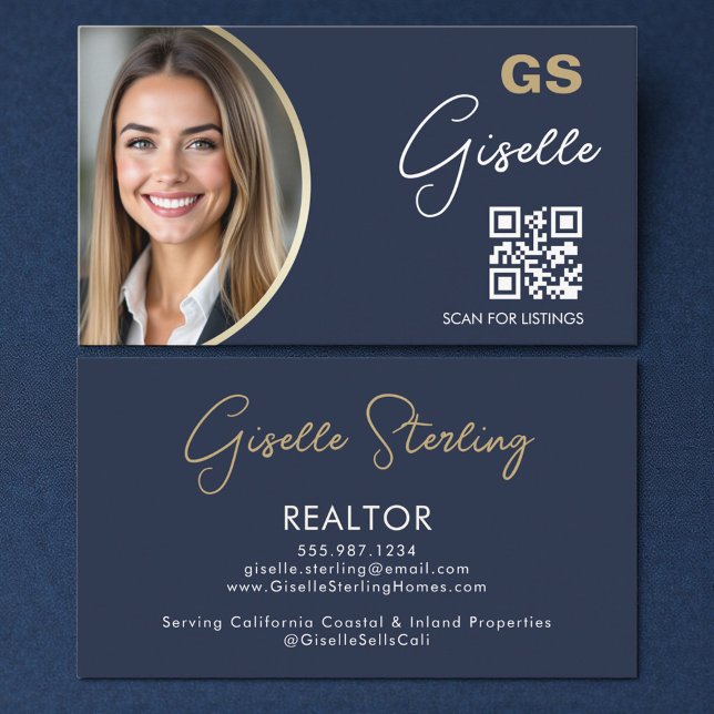 Navy Blue Luxury Realtor QR Code Photo  Business Card (Creator Uploaded)