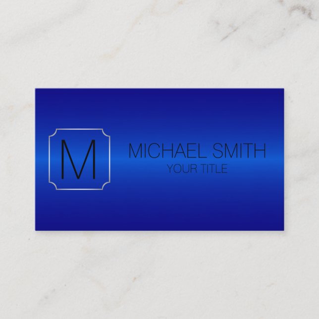 Navy Blue Luxury Stainless Steel Metal Monogram Business Card (Front)