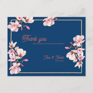 Navy Blue Magnolia Floral Wedding Thank You Postcard