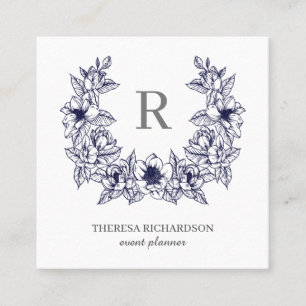Navy Blue Magnolia Wreath Monogram social media Square Business Card
