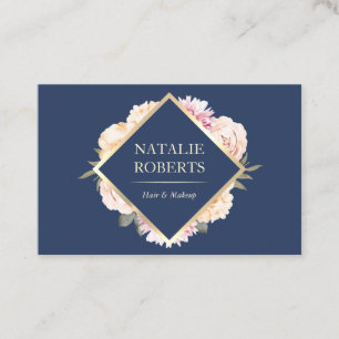 Navy Blue Makeup Artist Hair Salon Vintage Floral Business Card