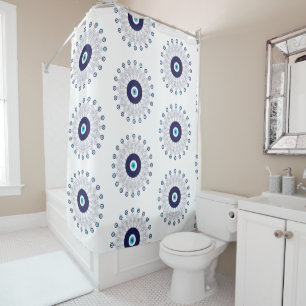 Navy Blue Mandala Evil Eye Circle Pattern Bathroom Shower Curtain