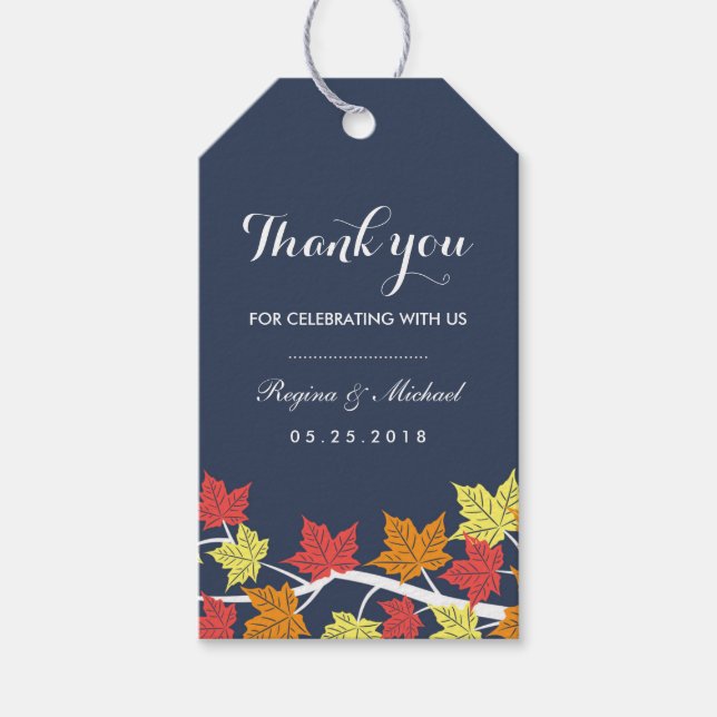 Navy Blue Maple Leaf Autumn Wedding Gift Tag (Front)