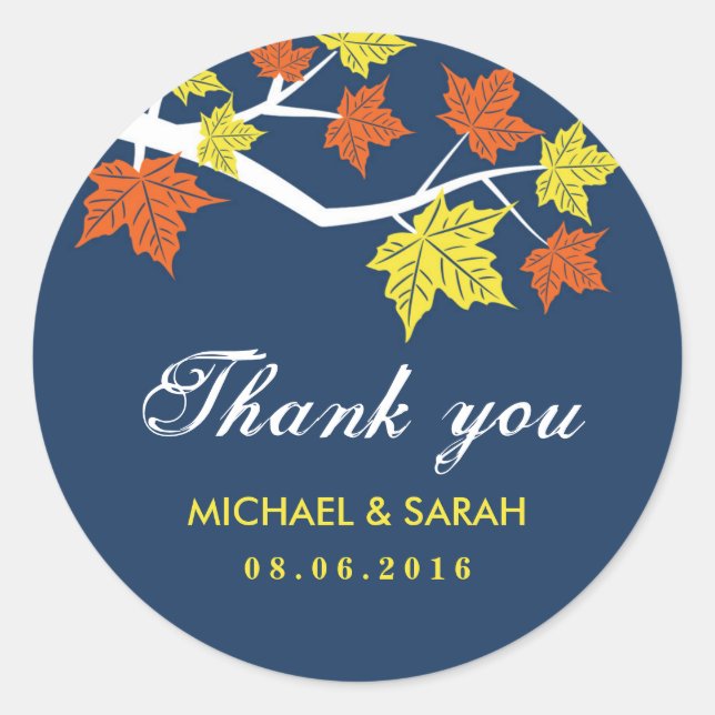 Navy Blue Maple Leaves Wedding Thank You Sticker (Front)