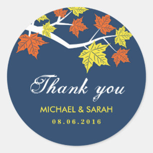 Navy Blue Maple Leaves Wedding Thank You Sticker