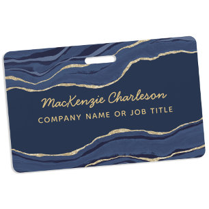 Navy Blue Marble Agate Geode Gold Business Name ID Badge