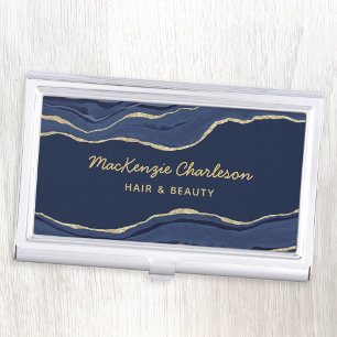 Navy Blue Marble Agate Geode Gold Glitter Business Card Holder