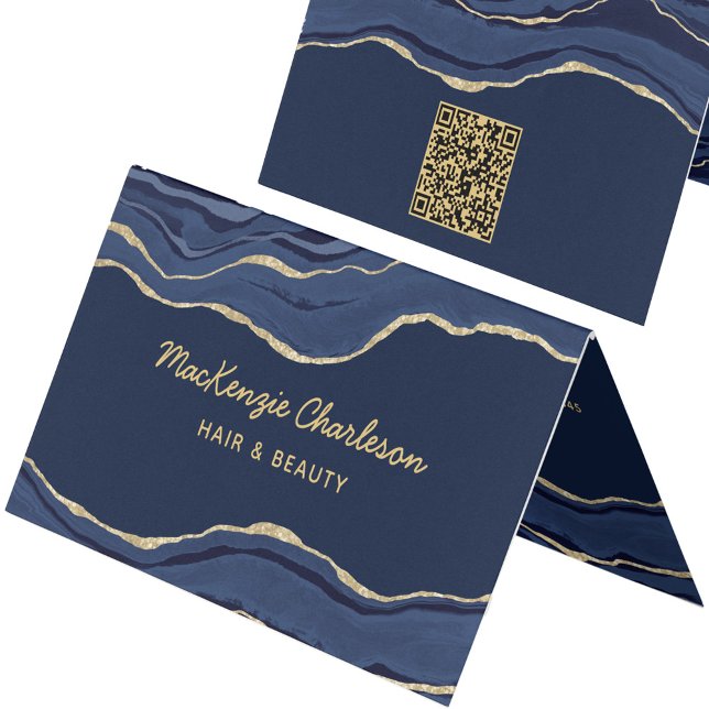 Navy Blue Marble Agate Geode Gold QR Code Business Card (Navy blue marble agate geode QR code personalized folded business card)