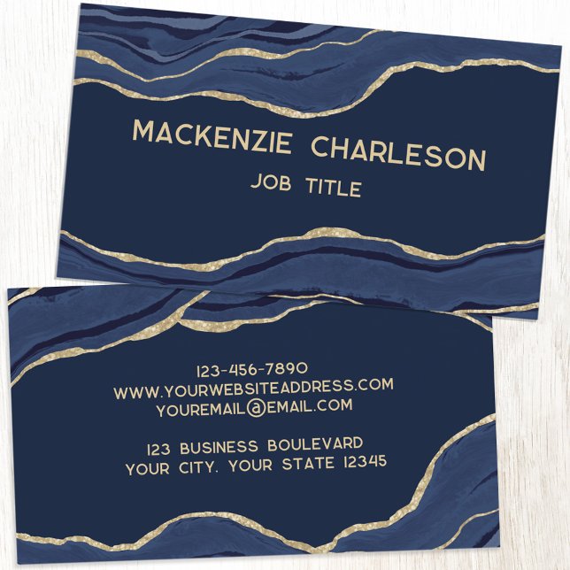 Navy Blue Marble Agate Gold Glitter Elegant Business Card (Navy blue agate marble geode with gold details.  Modern elegant personalized business cards.)