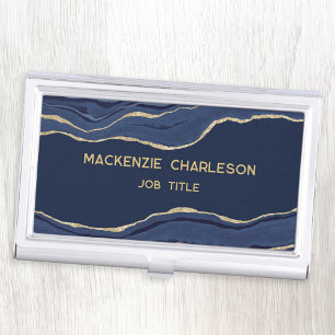 Navy Blue Marble Agate Gold Glitter Geode Business Card Holder