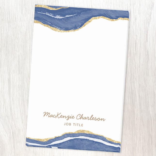 Navy Blue Marble Agate Gold Glitter Personalised Post-it Notes (Agate marble with faux gold glitter blue and white personalized name post it note)
