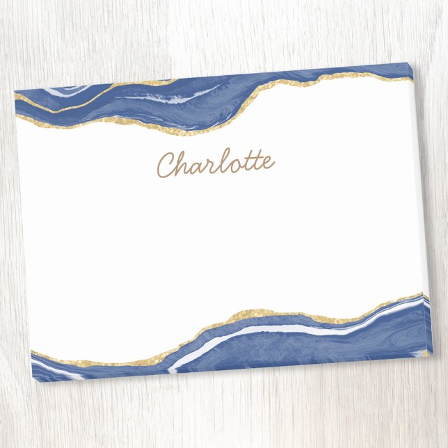 Navy Blue Marble Agate Gold Glitter Personalised Post-it Notes (Blue agate geode personalized custom name script post it sticky notes)