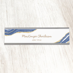 Navy Blue Marble Agate Gold Glitter Professional Desk Name Plate
