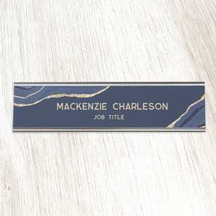 Navy Blue Marble Agate Gold Glitter Professional Desk Name Plate