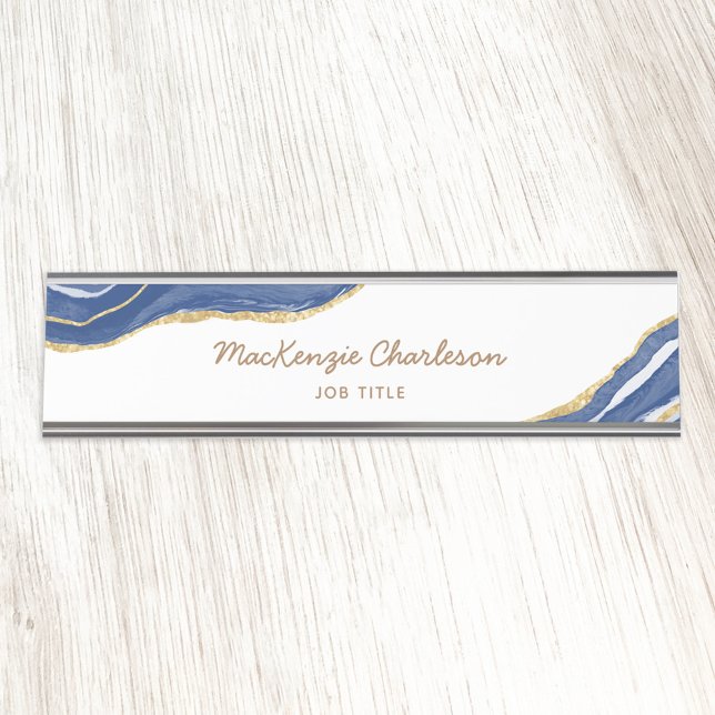 Navy Blue Marble Agate Gold Glitter Professional Desk Name Plate (Creator Uploaded)