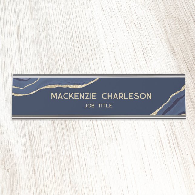 Navy Blue Marble Agate Gold Glitter Professional Desk Name Plate (Navy blue agate marble gold professional elegant business name plate)