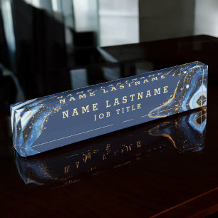 Navy Blue Marble Agate Gold Glitter Professional Nameplate