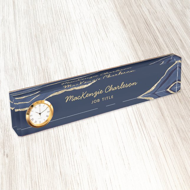 Navy Blue Marble Agate Gold Glitter Professional Nameplate (Blue marble agate custom script name job title desk name plate)