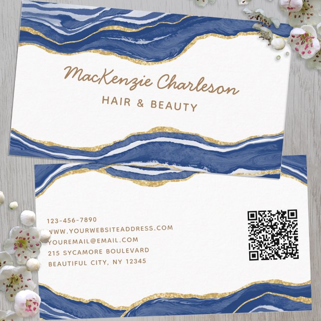Navy Blue Marble Agate Gold Glitter QR Code Business Card (Creator Uploaded)
