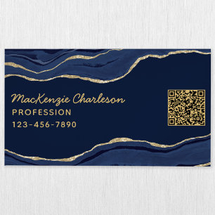 Navy Blue Marble Agate Gold Glitter QR Code Geode Magnetic Business Card