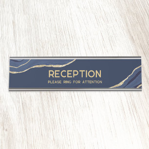 Navy Blue Marble Agate Gold Glitter Reception Desk Name Plate