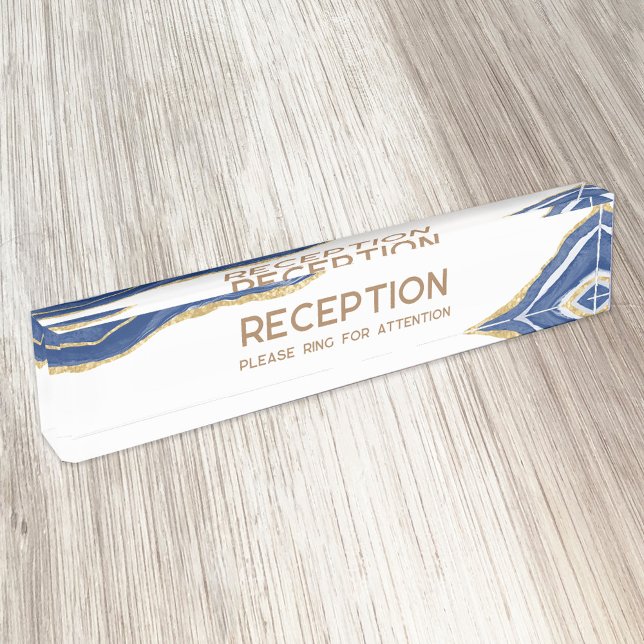 Navy Blue Marble Agate Gold Glitter Reception Nameplate (Agate marble blue white faux gold custom text business professional reception desk name plate)