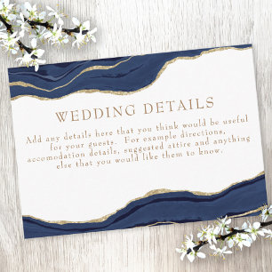 Navy Blue Marble Agate Gold Glitter Wedding Detail Enclosure Card