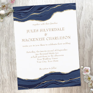 Navy Blue Marble Agate Gold Glitter Wedding Invite Postcard