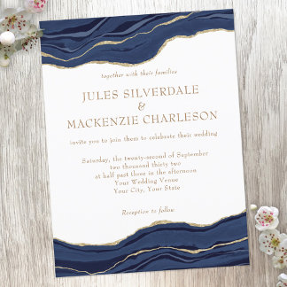 Navy Blue Marble Agate Gold Glitter Wedding Invite Postcard