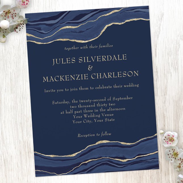 Navy Blue Marble Agate Gold Glitter Wedding Invite Postcard (Creator Uploaded)